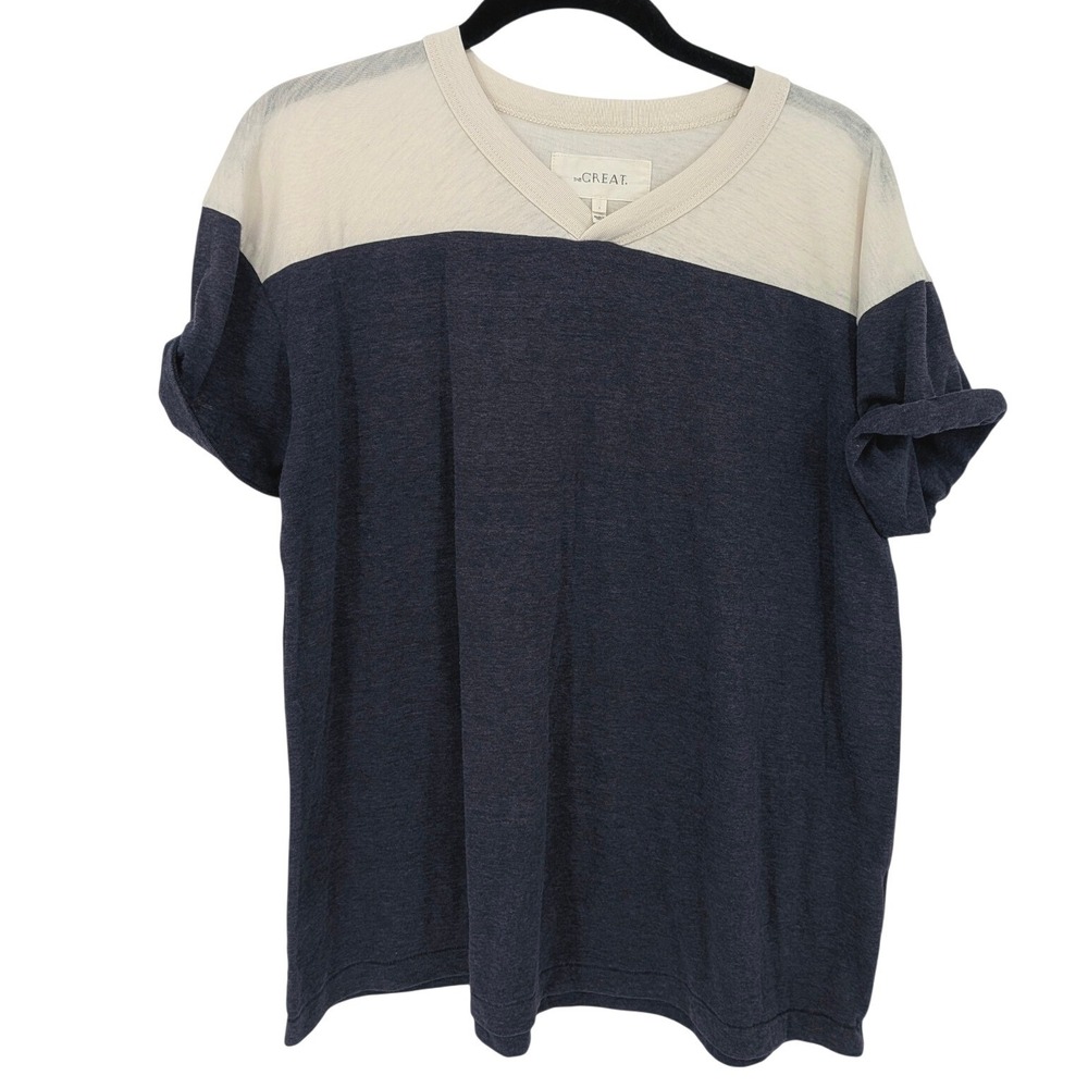 The Great T-Shirt Women 1 Small Blue Cream Colorblock V-Neck Short Sleeve Casual